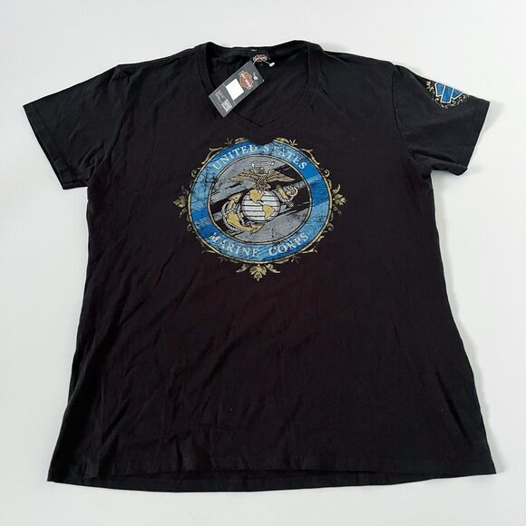 Harley-Davidson Motorcyles Womens XL US Marine Corps Black Graphic Tee Shirt Top - Picture 2 of 16